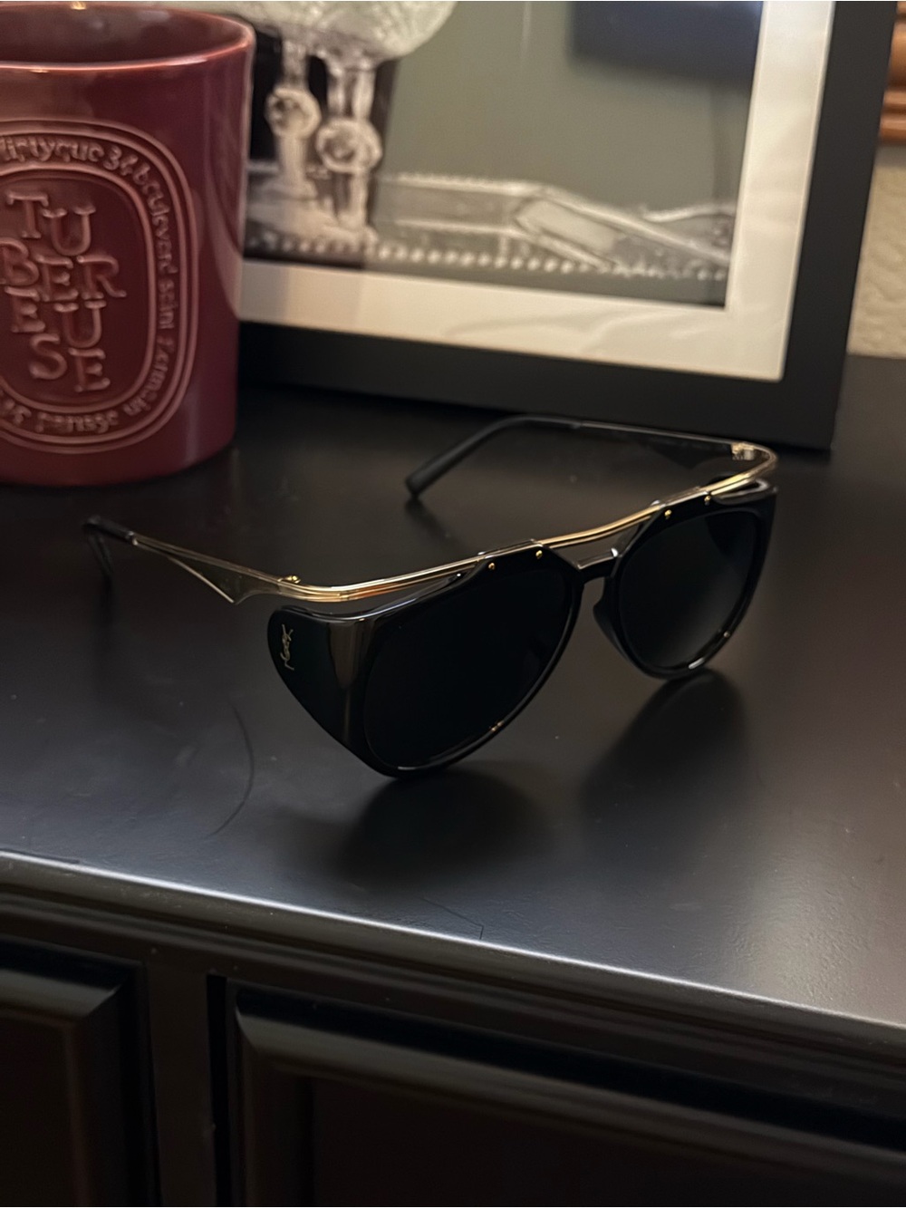 Saint Laurent Black Pilot Sunglasses with Clear Accents